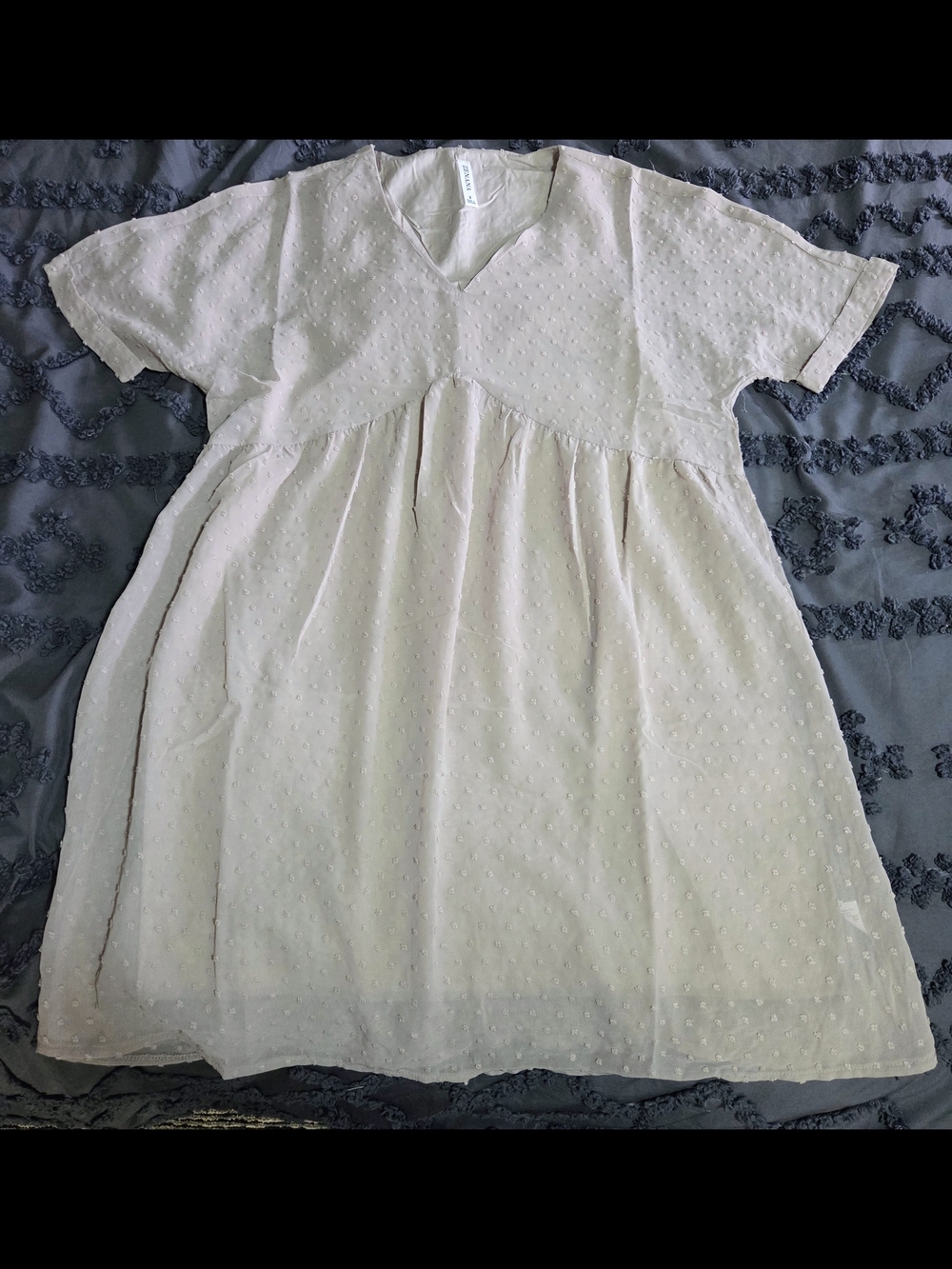 Light Cream Swiss Dot Mini Dress with V-Neck